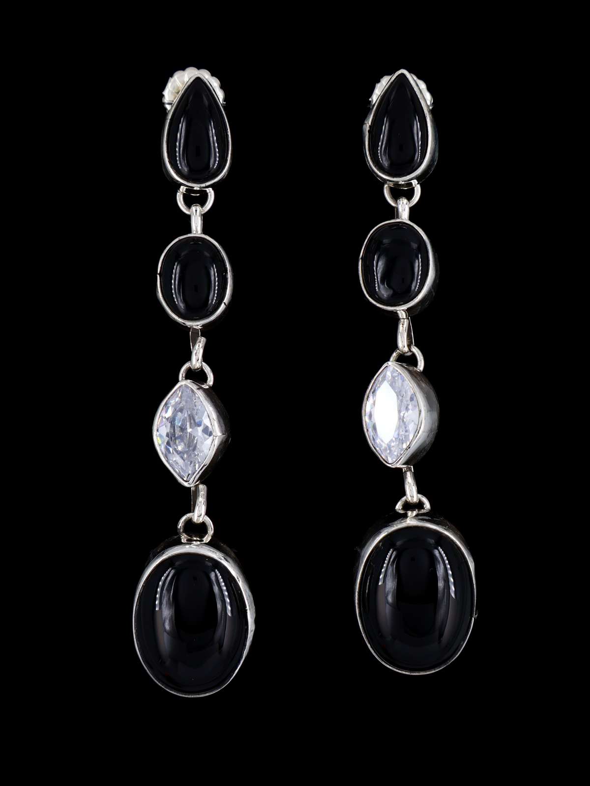 Navajo Sterling Silver Black Onyx and CZ Dangle Earrings