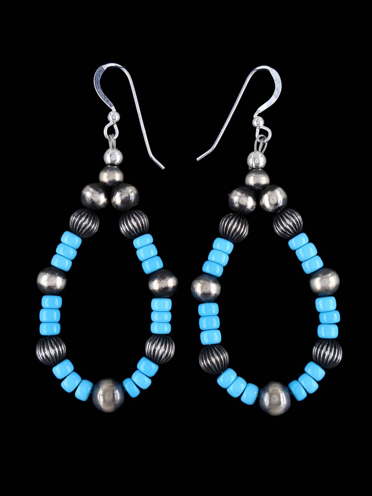 Navajo Sleeping Beauty Turquoise and Sterling Silver Beaded Dangle Earrings - PuebloDirect.com