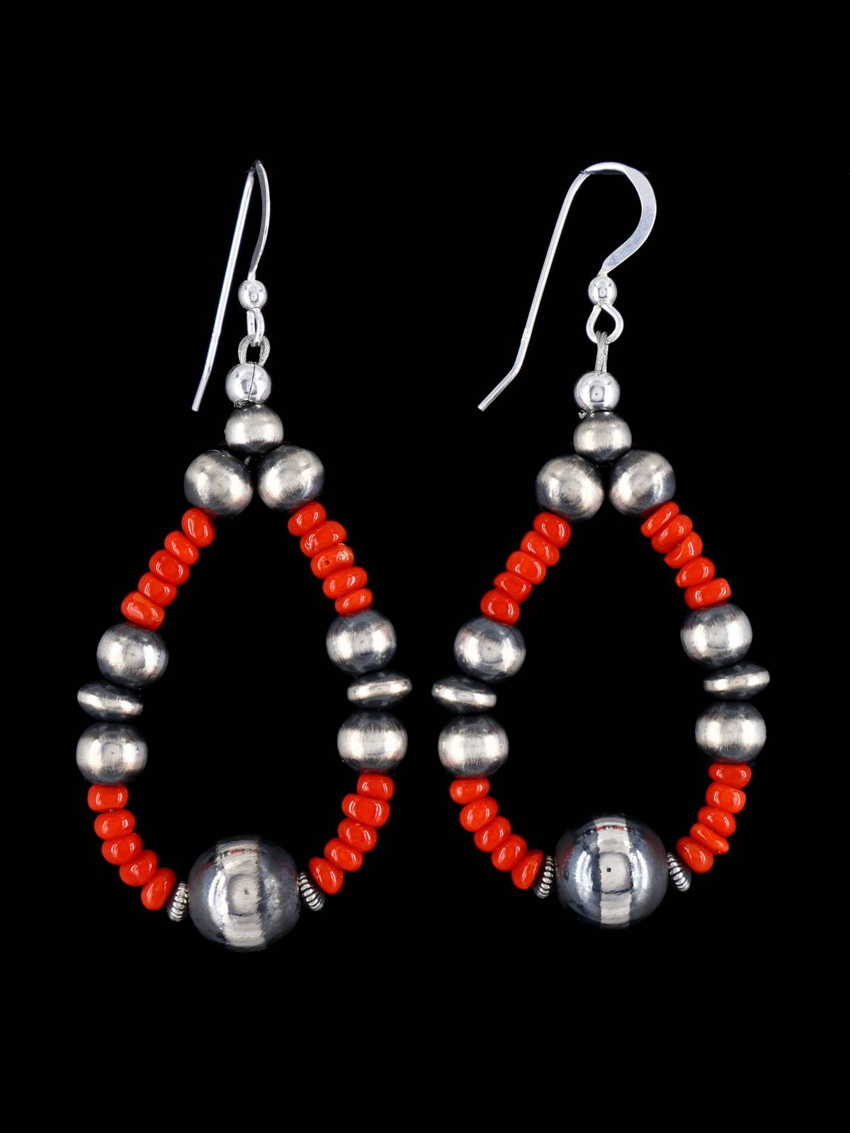 Navajo Coral and Sterling Silver Beaded Dangle Earrings - PuebloDirect.com