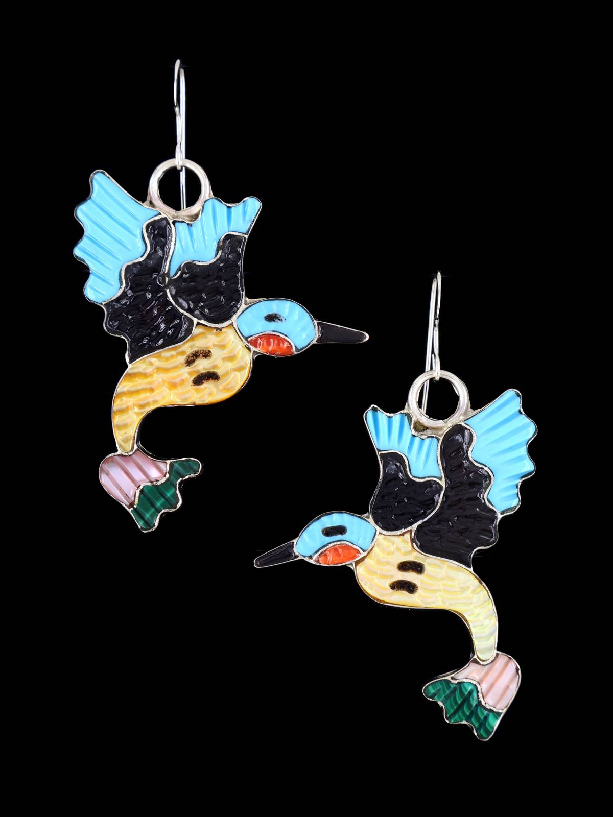 Multi Stone Zuni Inlay Hummingbird Dangle Earrings - PuebloDirect.com