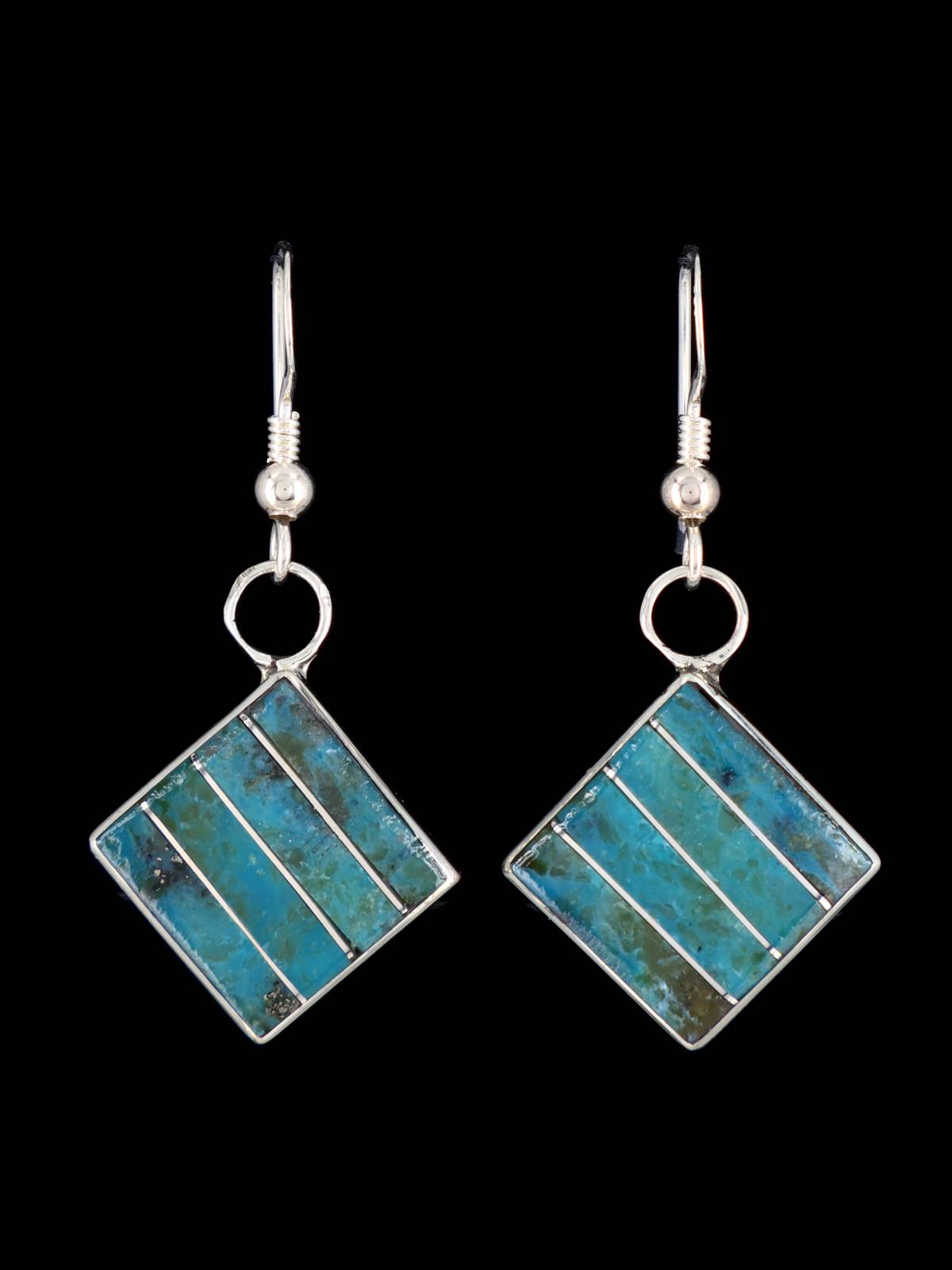 Zuni Inlay Sterling Silver Turquoise Dangle Earrings - PuebloDirect.com