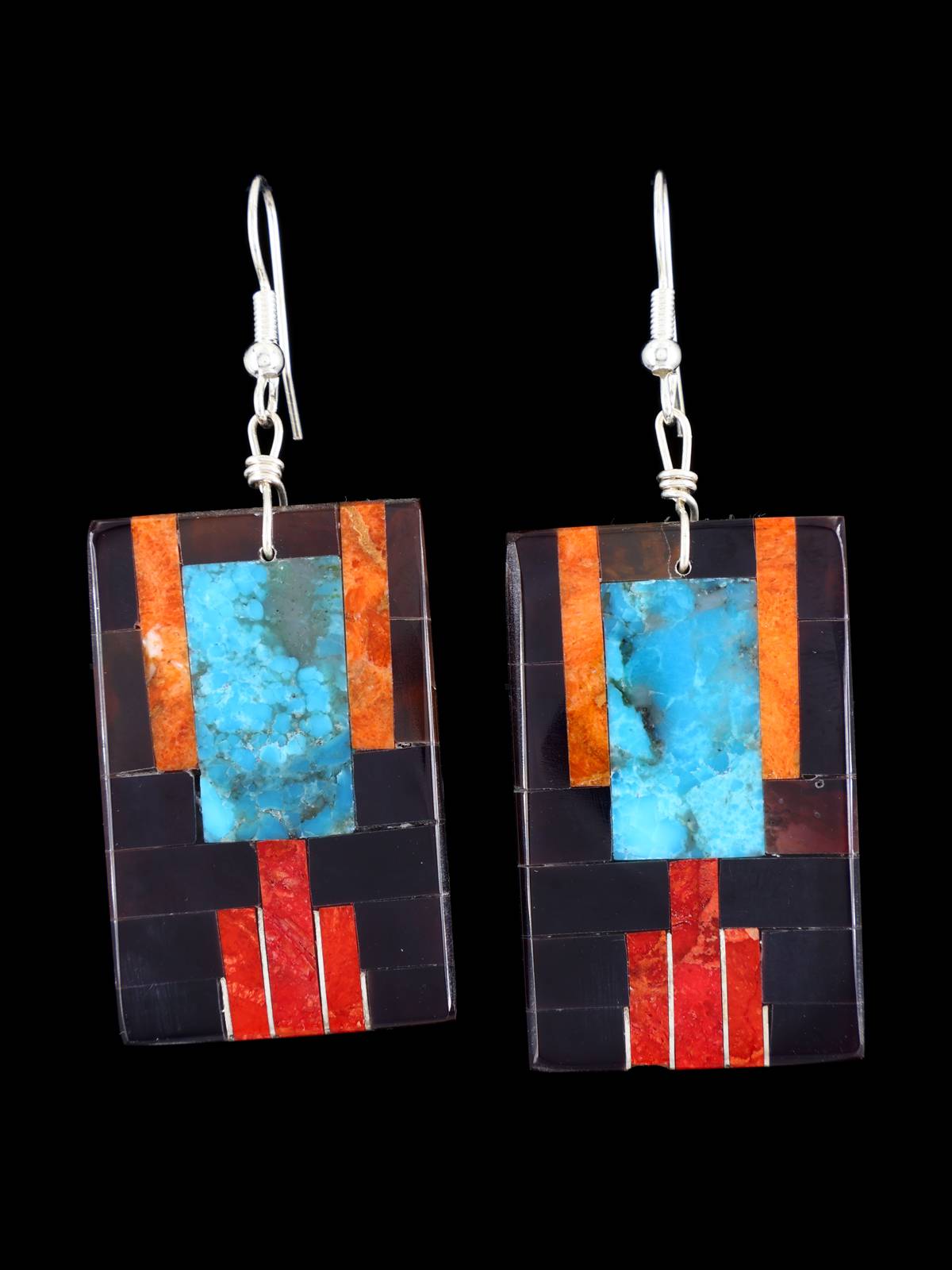 Santo Domingo Inlay Mosaic Dangle Earrings - PuebloDirect.com