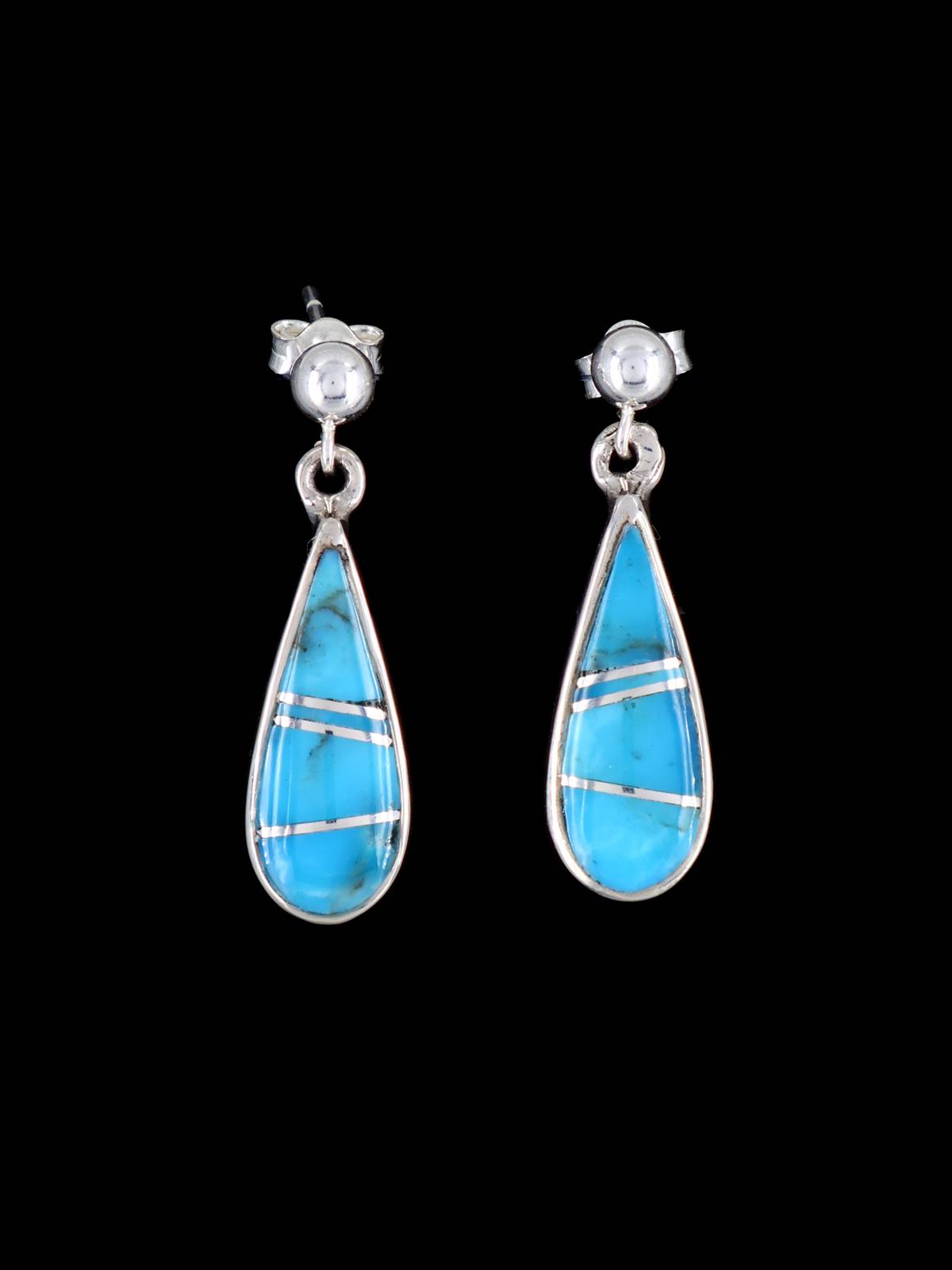Navajo Turquoise Sterling Silver Inlay Post Earrings - PuebloDirect.com