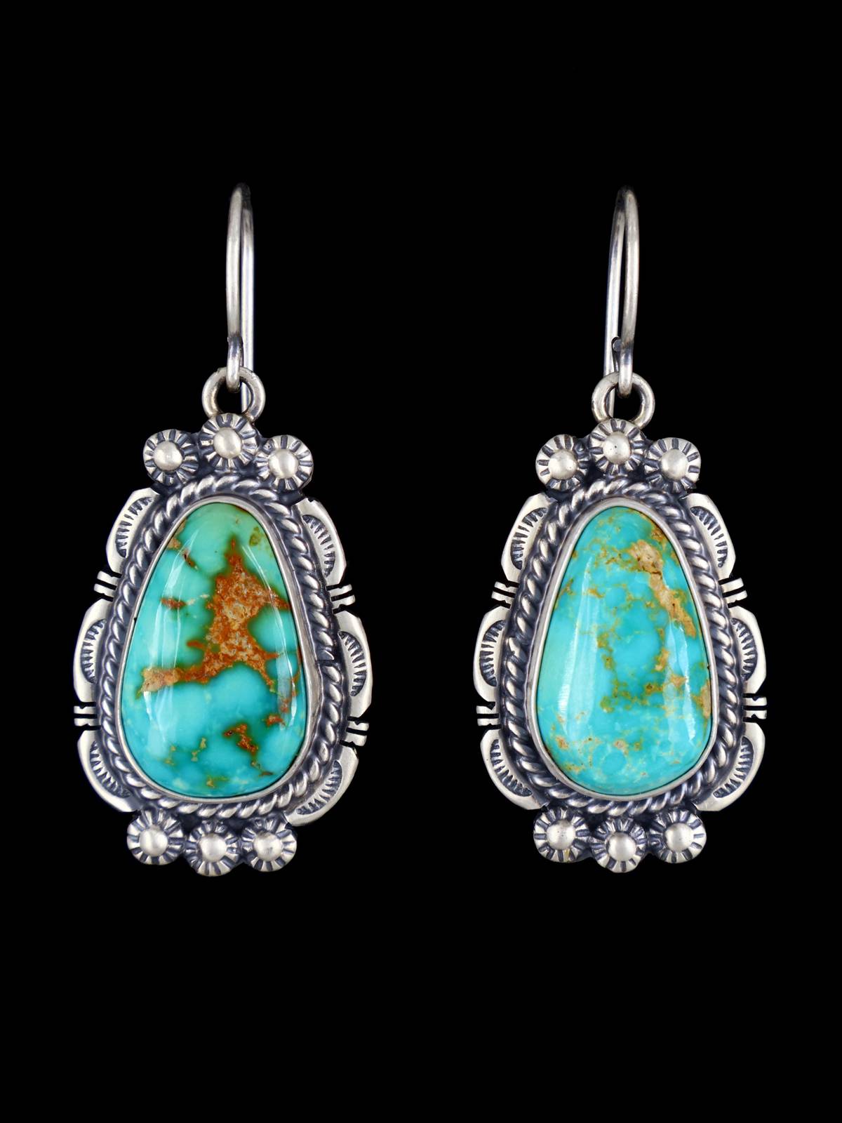 Navajo Royston Turquoise Sterling Silver Dangle Earrings - PuebloDirect.com