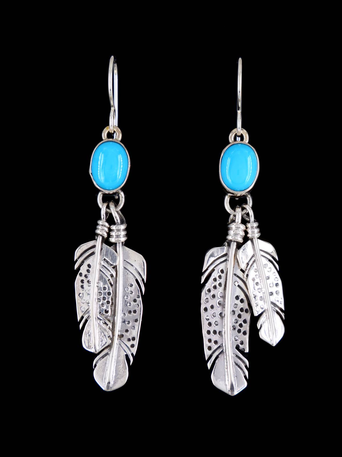 Navajo Sleeping Beauty Turquoise Sterling Silver Feather Dangle Earrings - PuebloDirect.com