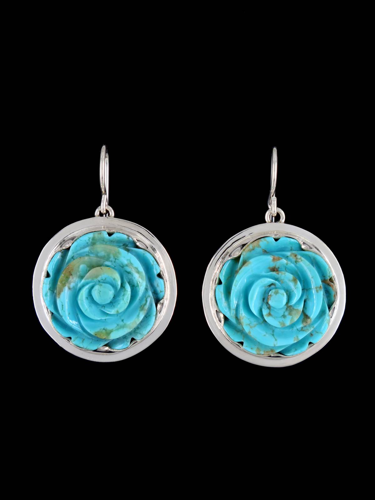 Native American Carved Turquoise Flower Dangle Earrings - PuebloDirect.com