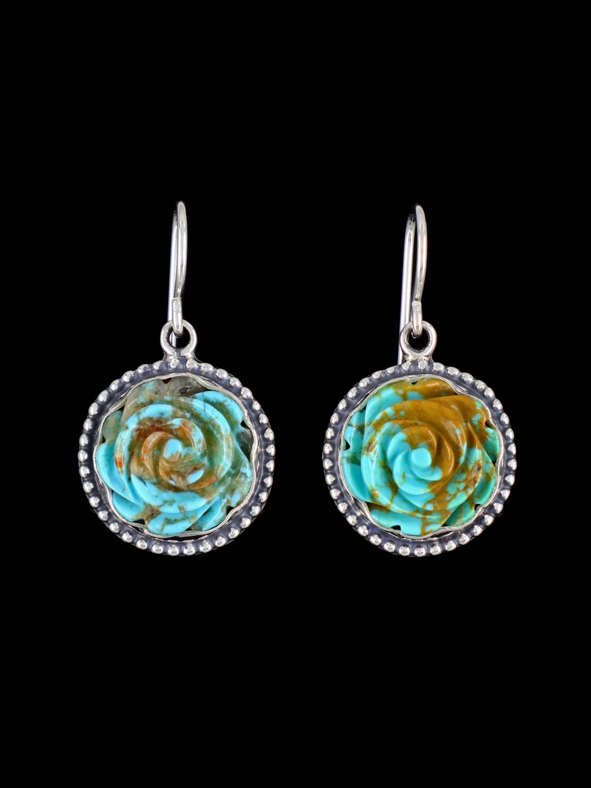 Native American Carved Turquoise Flower Dangle Earrings - PuebloDirect.com