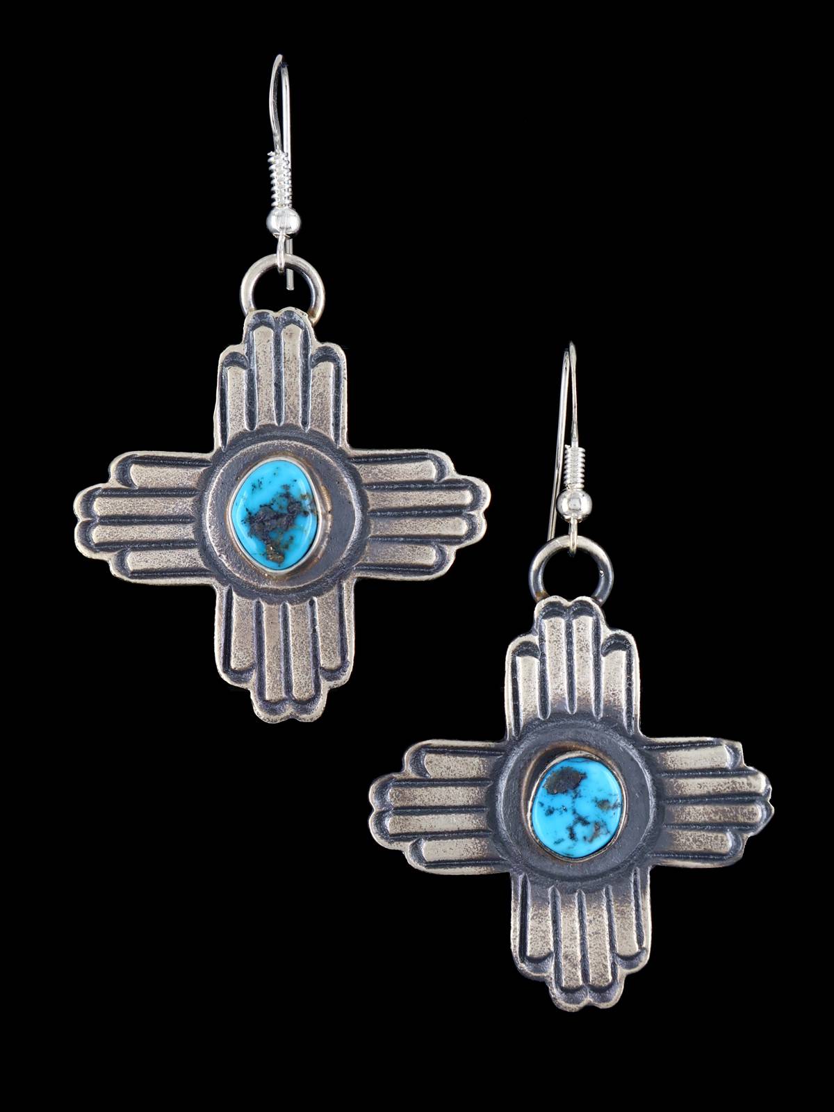 Navajo Sterling Silver Turquoise Zia Dangle Earrings - PuebloDirect.com