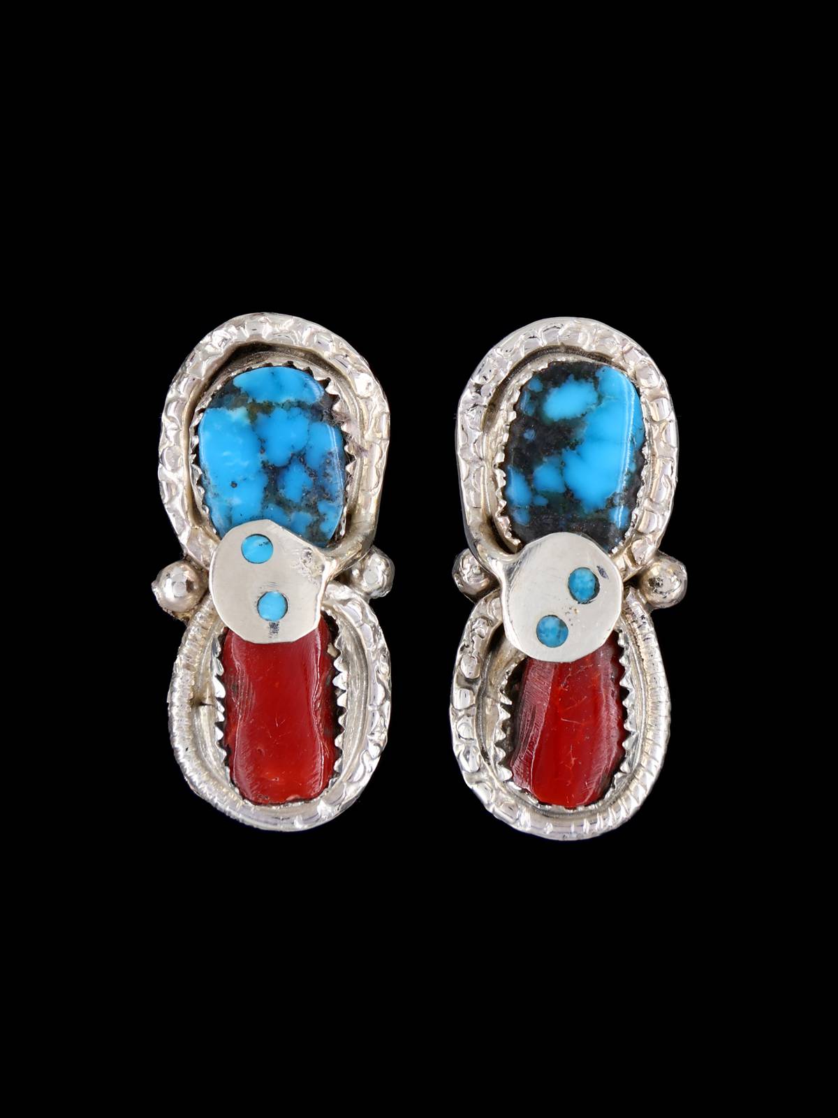 Native American Turquoise and Coral Zuni Earrings - PuebloDirect.com