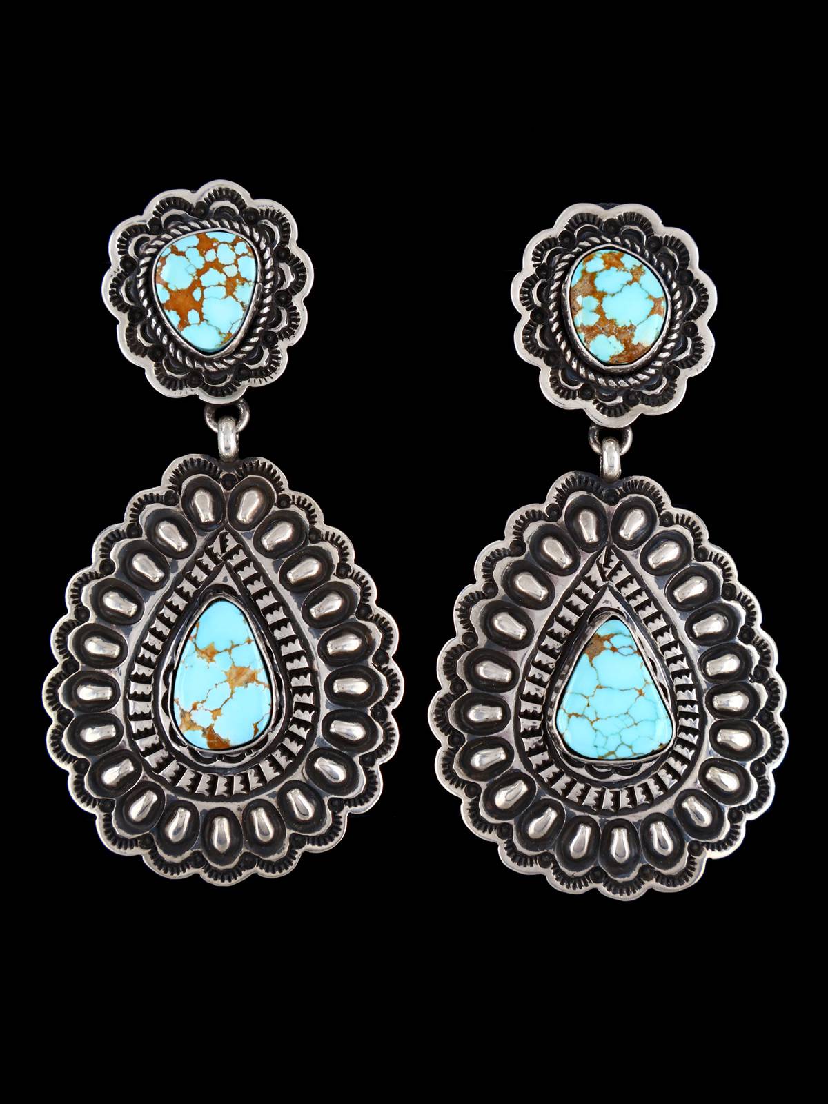 Native American Jewelry #8 Turquoise Stamped Sterling Post Earrings - PuebloDirect.com