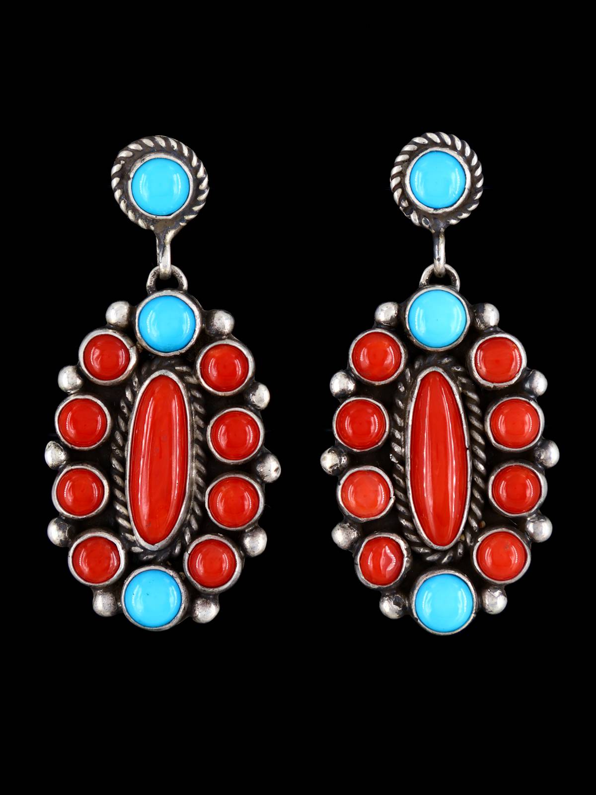 Turquoise and Natural Coral Navajo Sterling Silver Post Earrings - PuebloDirect.com