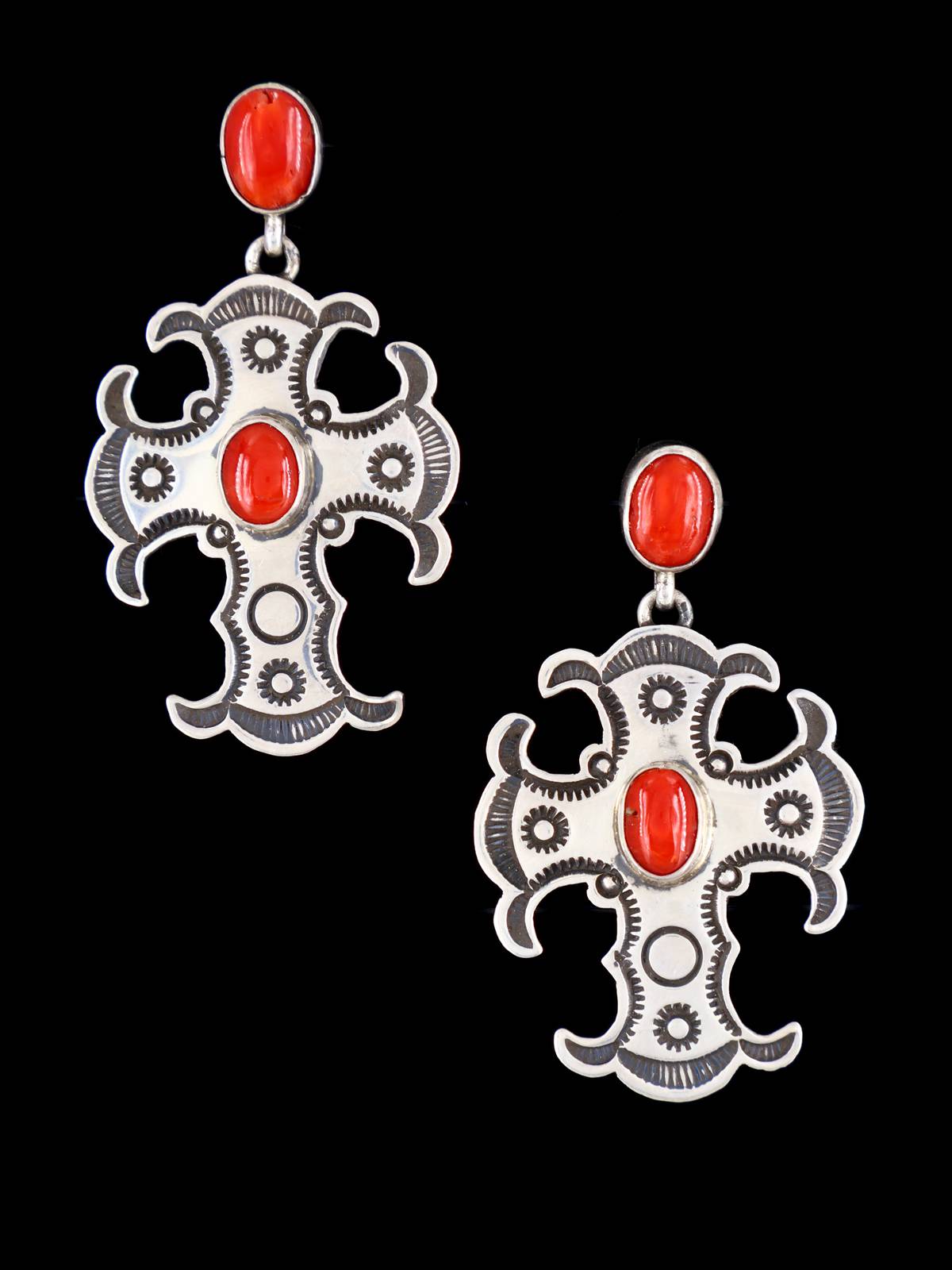 Navajo Sterling Silver Coral Cross Dangle Earrings - PuebloDirect.com