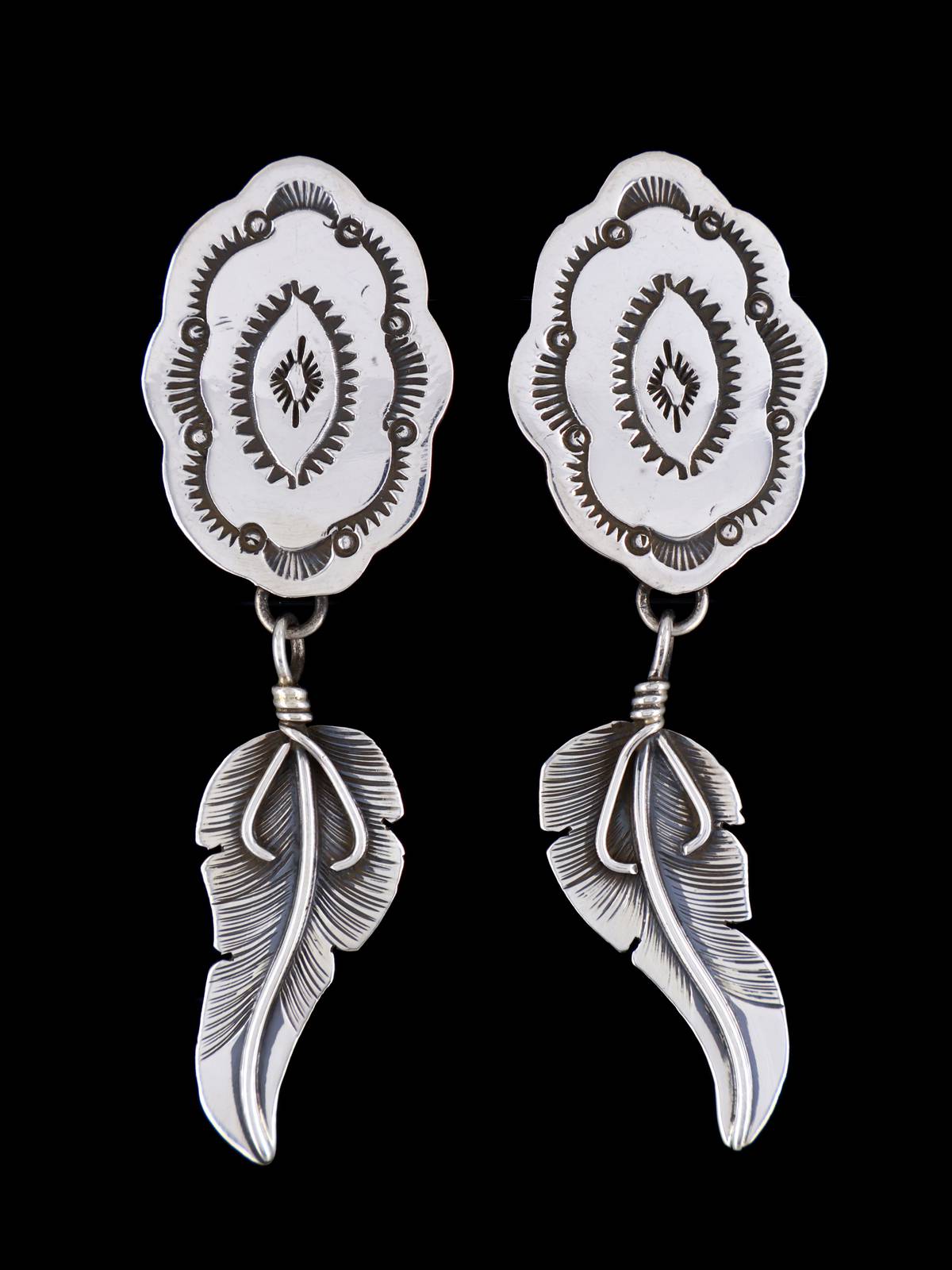 Navajo Stamped Sterling Silver Feather Post Earrings - PuebloDirect.com