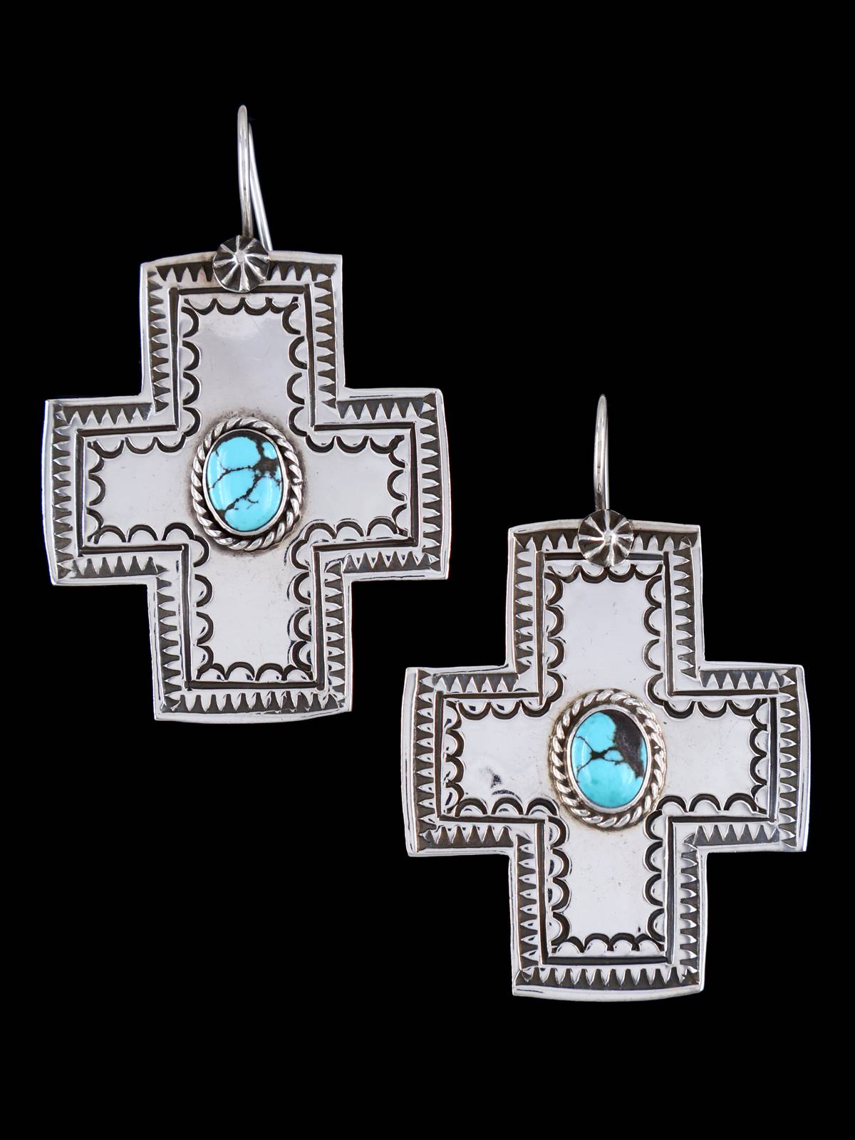 Navajo Stamped Sterling Silver Turquoise Dangle Cross Earrings - PuebloDirect.com