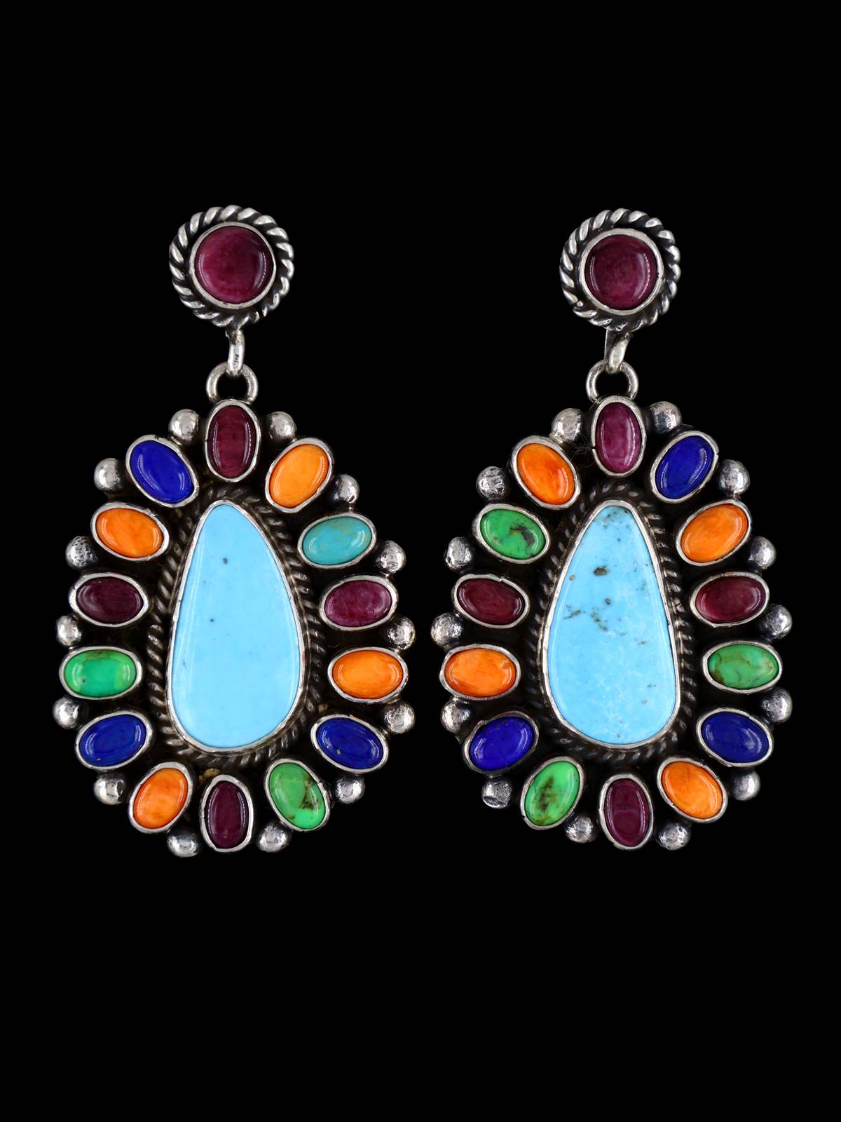 Multistone Navajo Sterling Silver Dangle Post Earrings - PuebloDirect.com