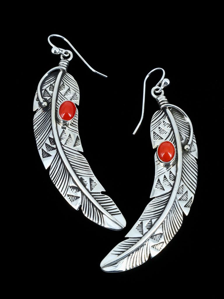 Native American Sterling Silver Coral Dangle Feather Earrings - PuebloDirect.com