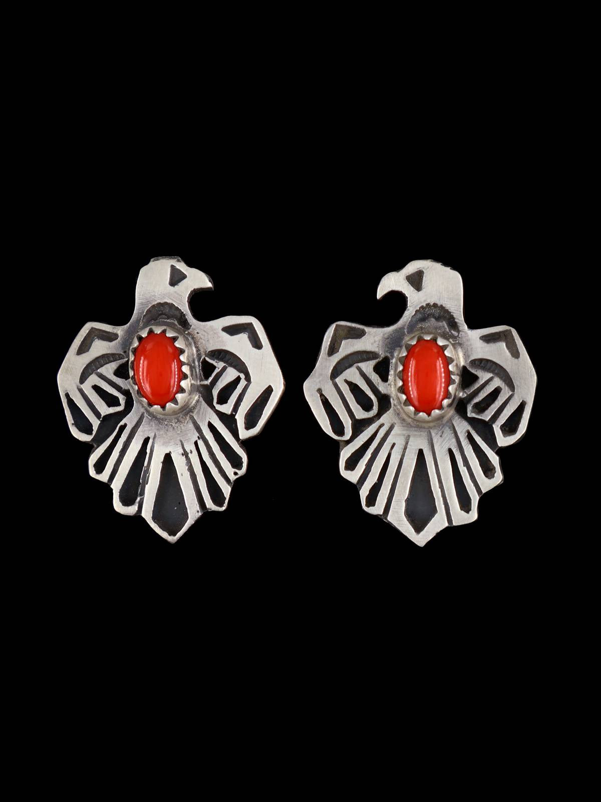 Navajo Thunderbird Overlay Post Coral Earrings - PuebloDirect.com