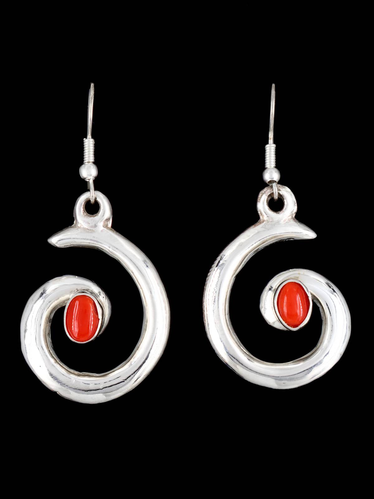 Navajo Coral Sterling Silver Swirl Dangle Earrings - PuebloDirect.com