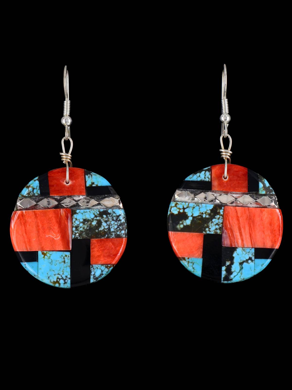 Santo Domingo Inlay Mosaic Dangle Earrings - PuebloDirect.com