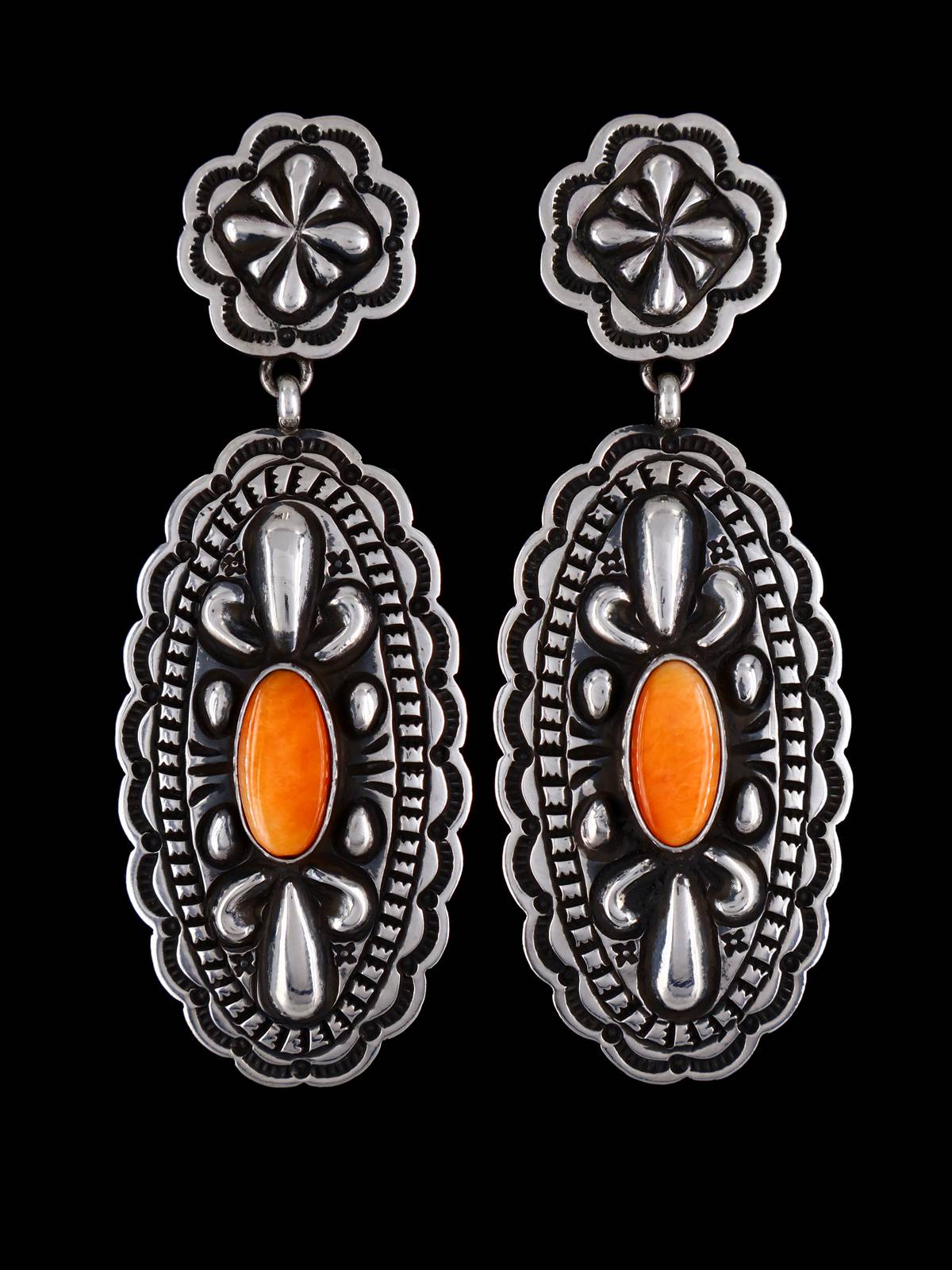 Native American Jewelry Spiny Oyster Stamped Sterling Post Earrings - PuebloDirect.com