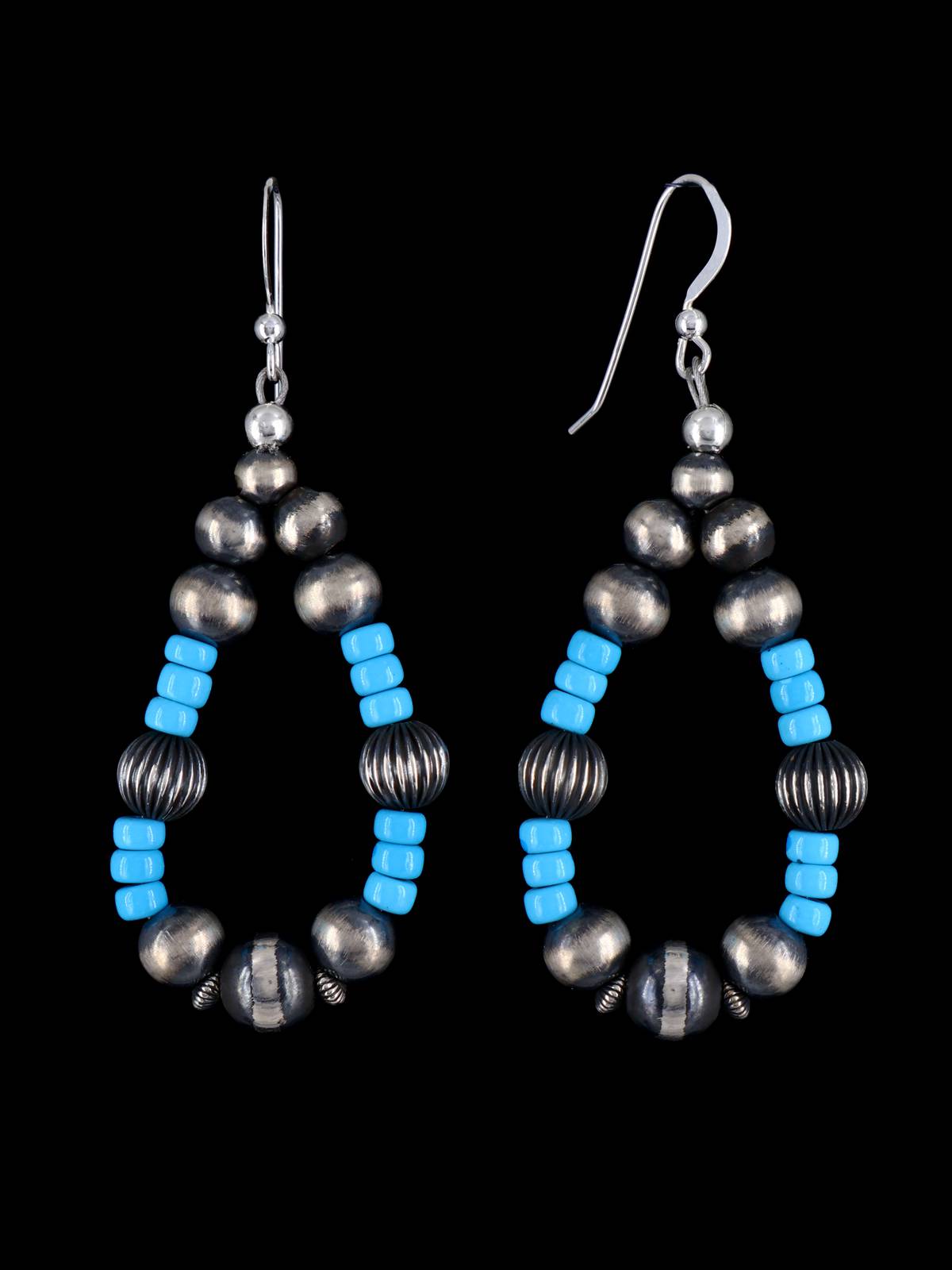 Navajo Sleeping Beauty Turquoise and Sterling Silver Beaded Dangle Earrings - PuebloDirect.com