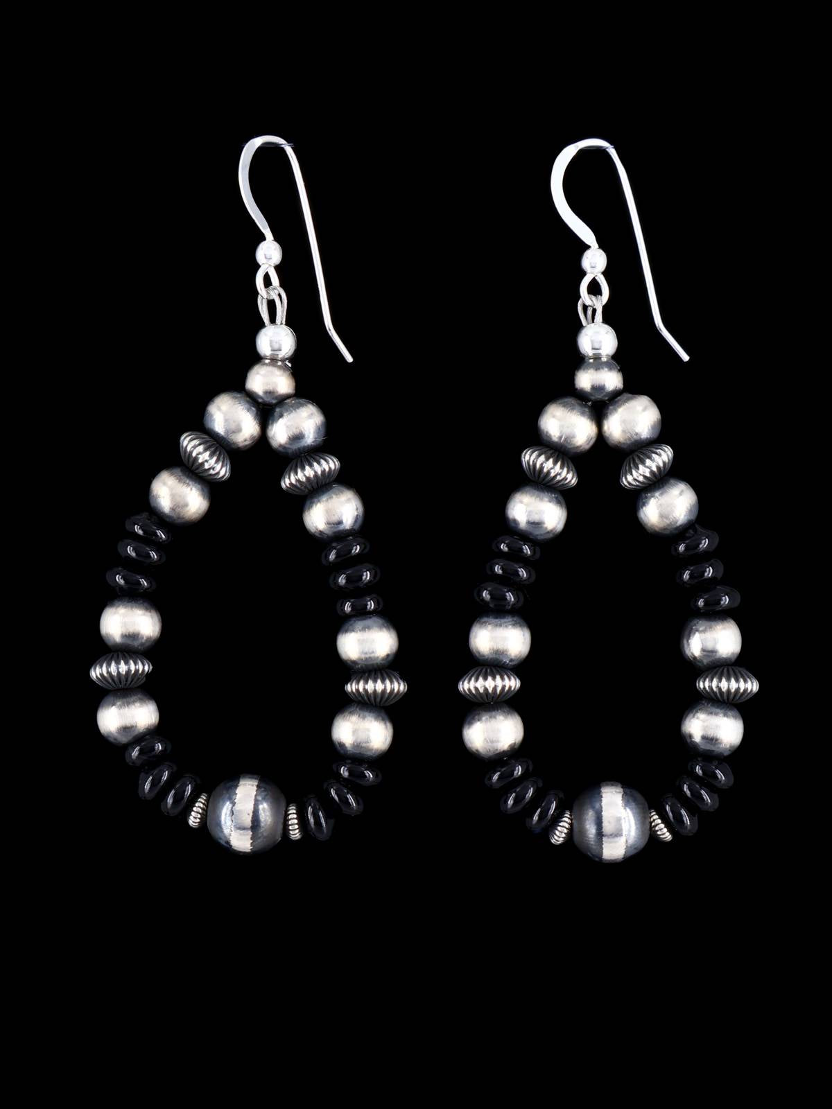 Navajo Onyx and Sterling Silver Beaded Dangle Earrings - PuebloDirect.com