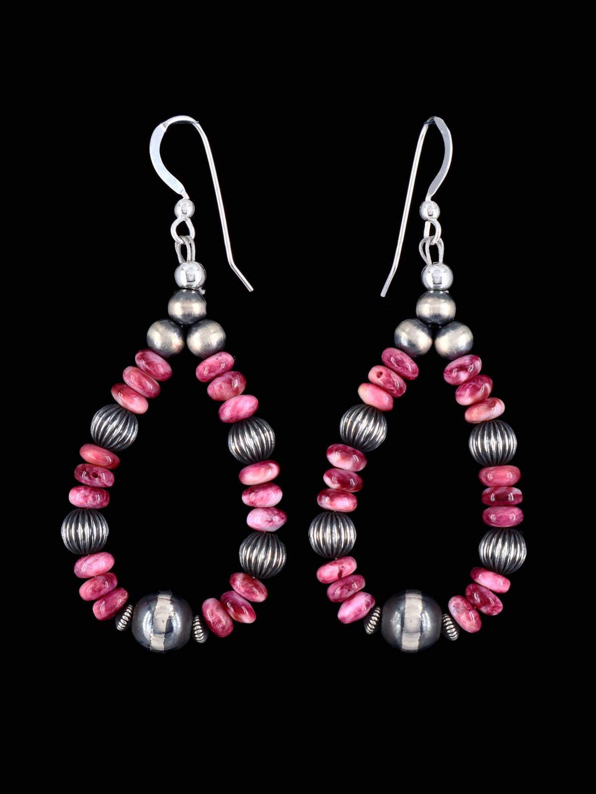 Navajo Spiny Oyster and Sterling Silver Beaded Dangle Earrings - PuebloDirect.com