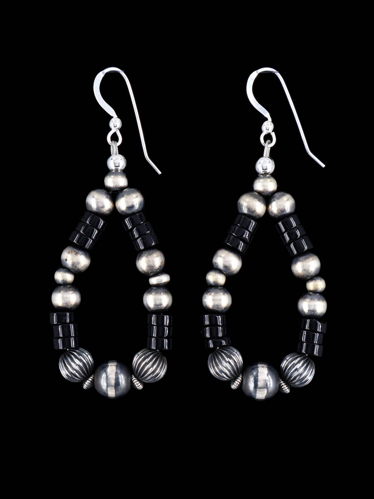 Navajo Onyx and Sterling Silver Beaded Dangle Earrings - PuebloDirect.com
