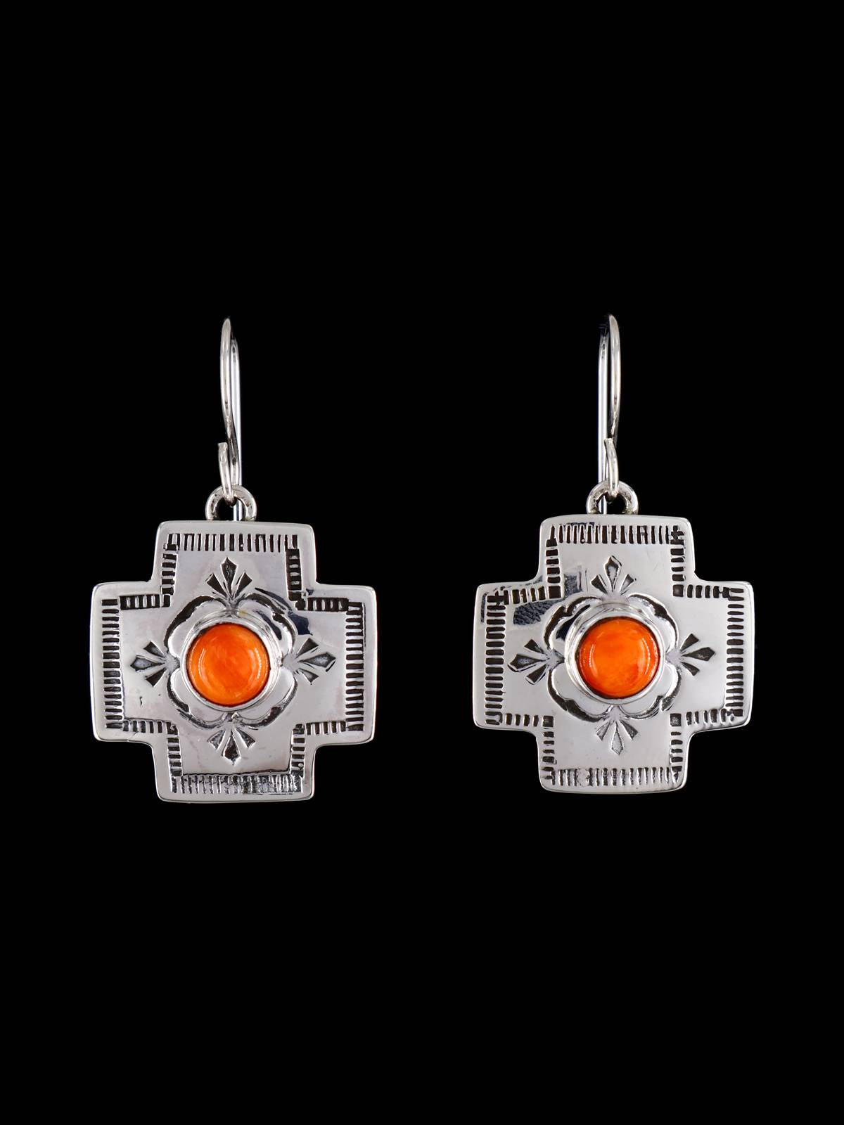 Navajo Sterling Silver Spiny Oyster Cross Dangle Earrings - PuebloDirect.com