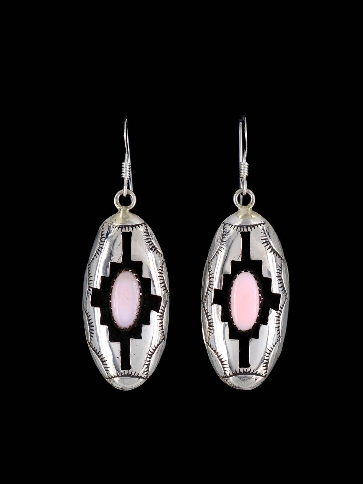 Navajo Sterling Silver Pink Conch Shadowbox Dangle Earrings - PuebloDirect.com