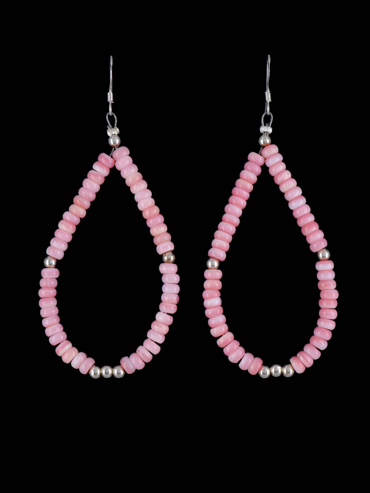 Navajo Pink Conch and Sterling Silver Bead Dangle Earrings - PuebloDirect.com