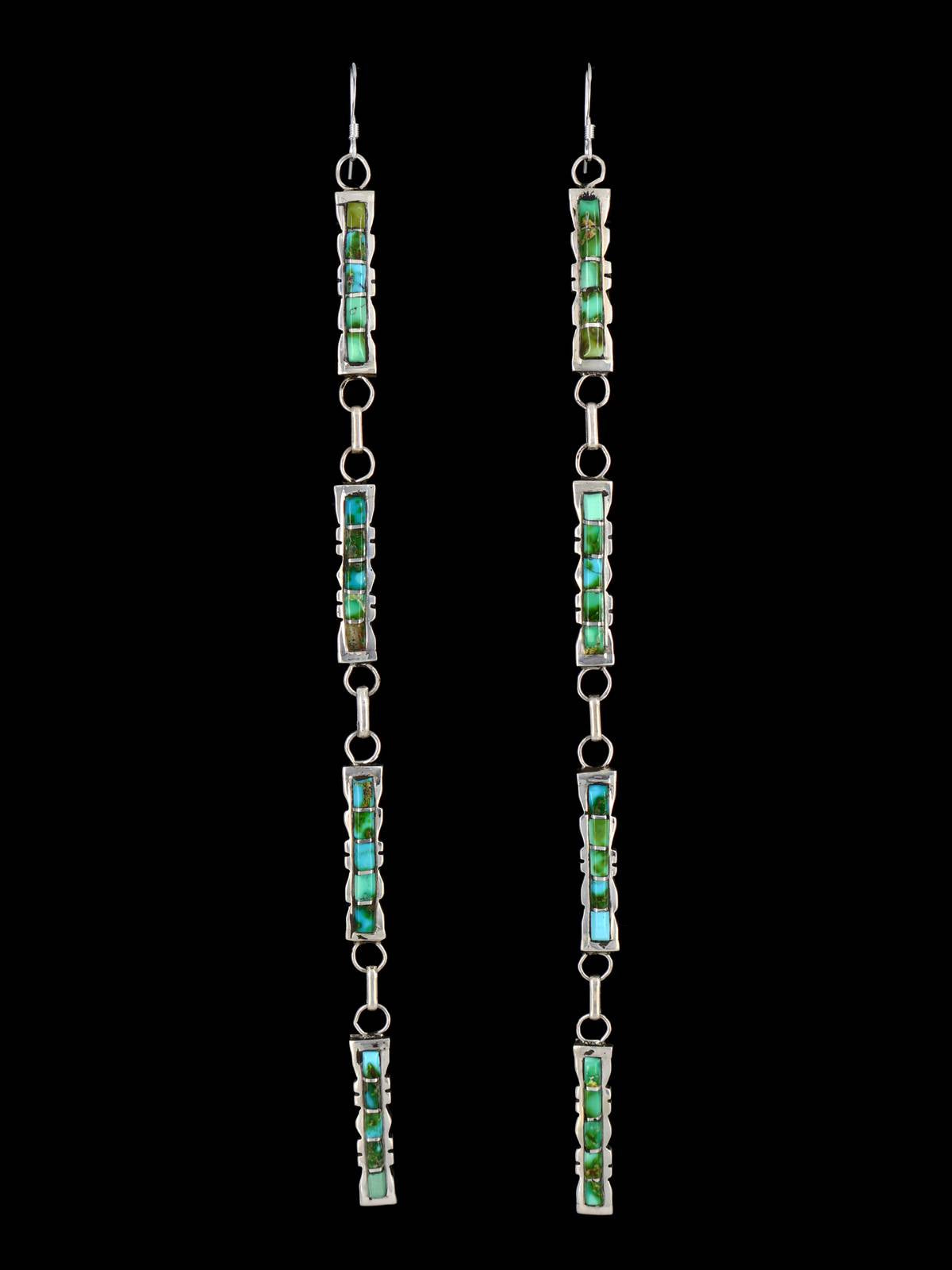 Extra Long Zuni Inlay Sonoran Gold Turquoise Dangle Earrings - PuebloDirect.com