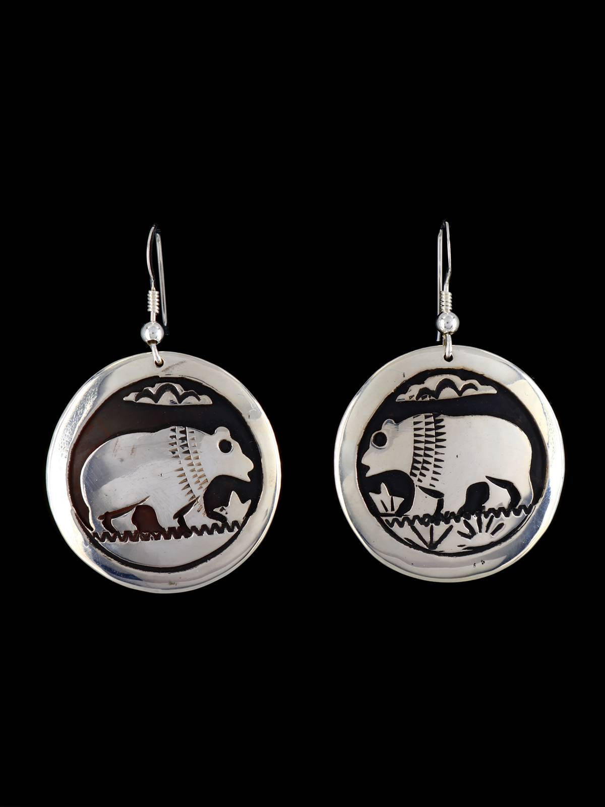 Sterling Silver Hopi Style Overlay Bear Dangle Earrings - PuebloDirect.com