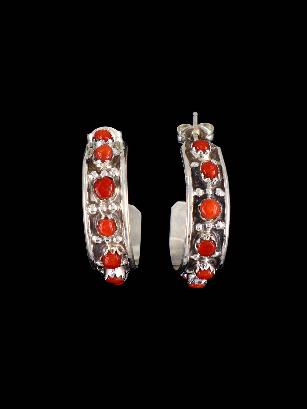 Zuni Sterling Silver Coral Half Hoop Post Earrings - PuebloDirect.com