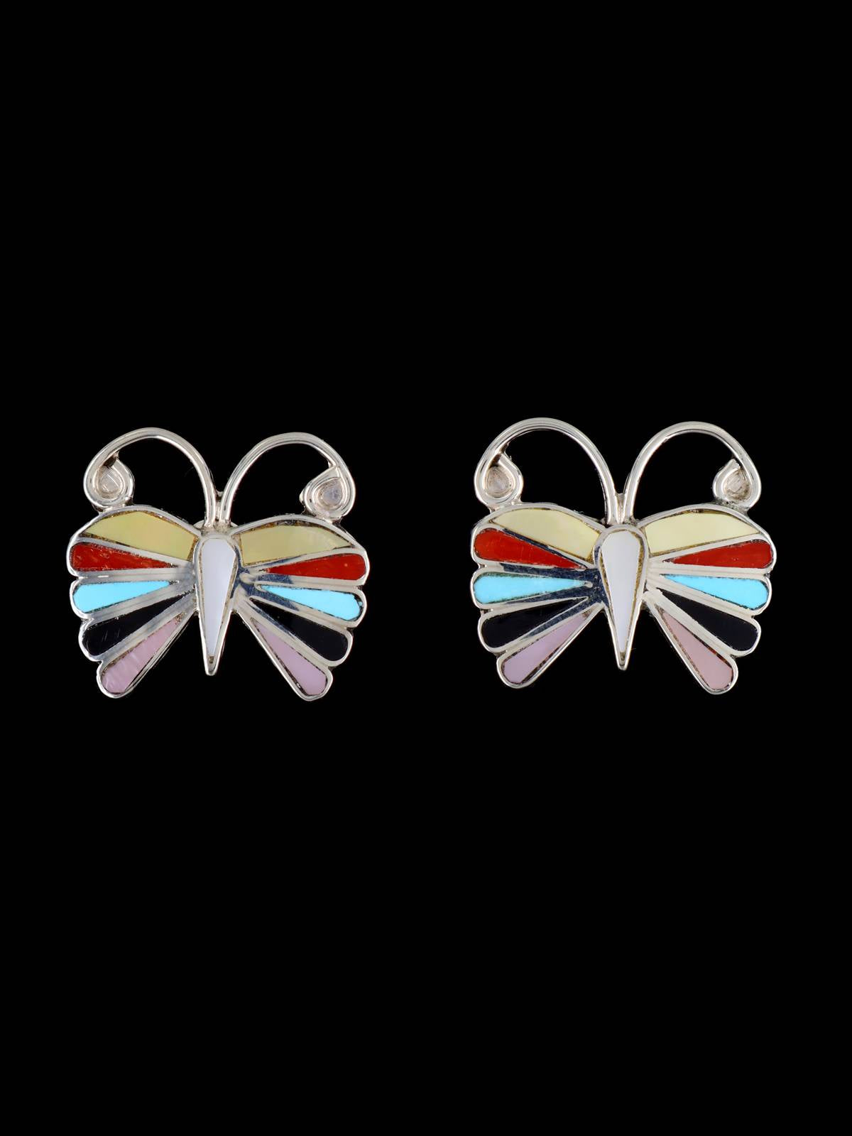 Zuni Inlay Multistone Butterfly Post Earrings - PuebloDirect.com