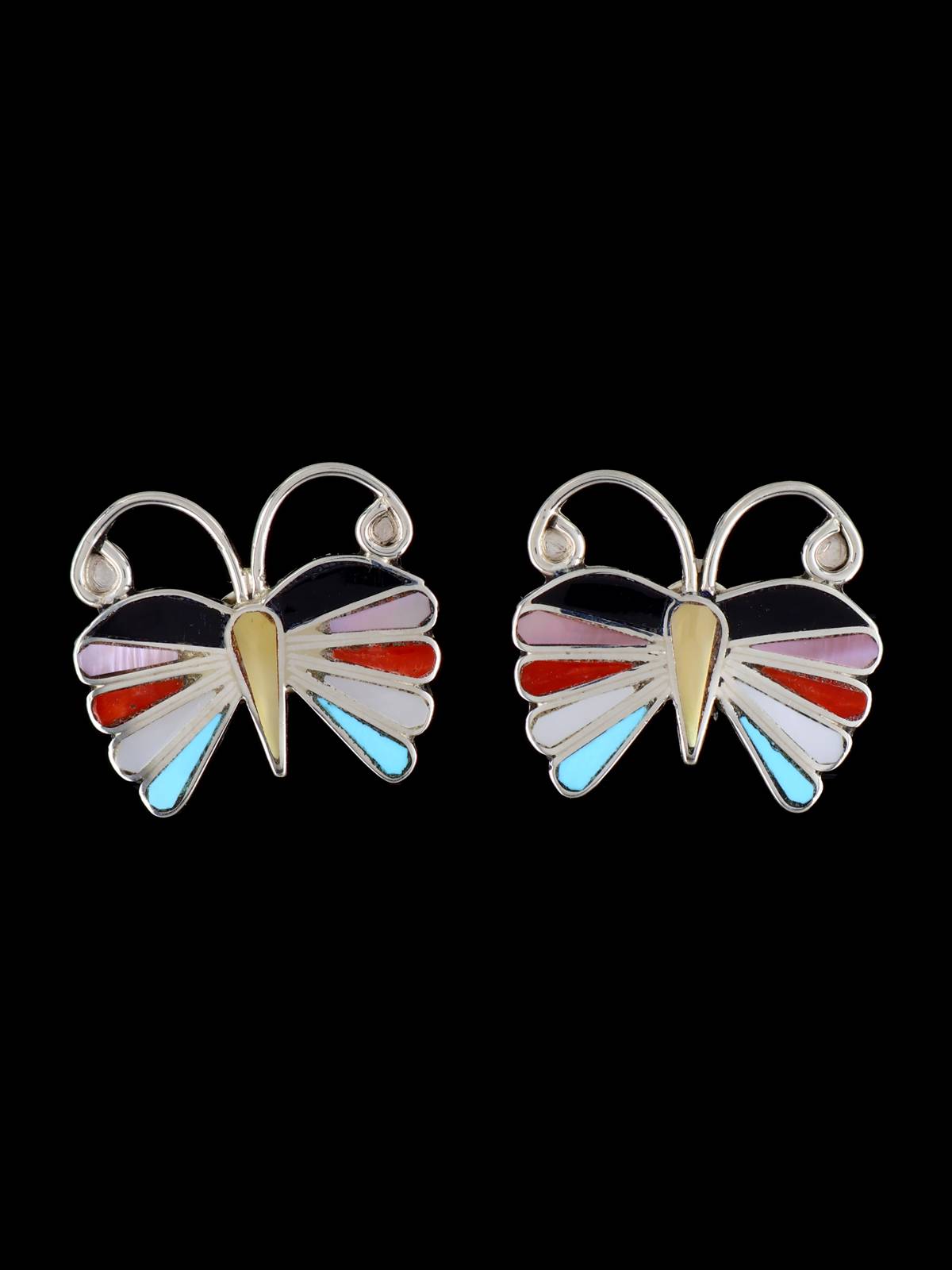 Zuni Inlay Multistone Butterfly Post Earrings - PuebloDirect.com