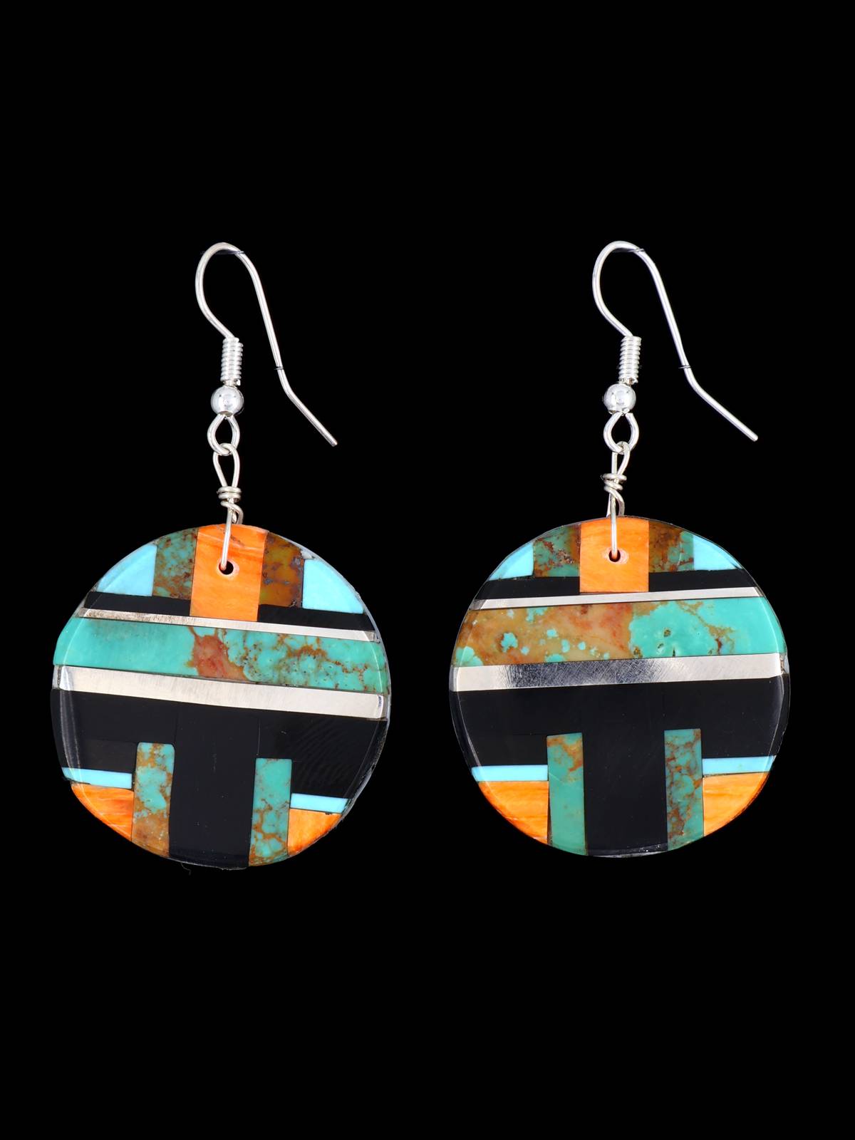 Santo Domingo Inlay Turquoise and Spiny Oyster Mosaic Dangle Earrings - PuebloDirect.com
