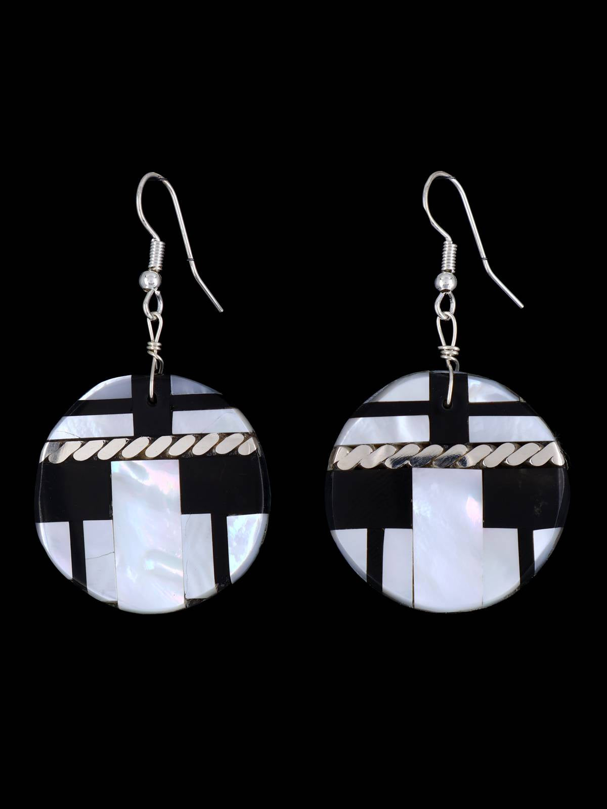 Santo Domingo Inlay Black Jet and Mother of Pearl Mosaic Dangle Earrings - PuebloDirect.com