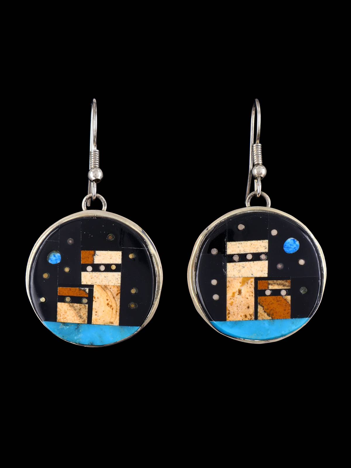 Onyx and Jasper Inlay Pueblo Dangle Earrings