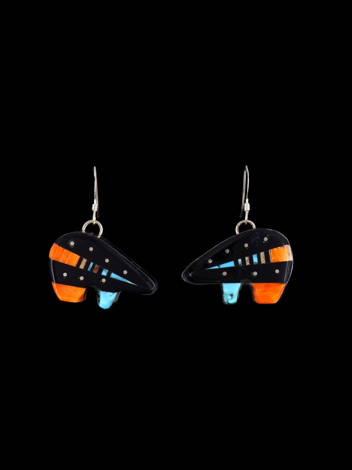Turquoise and Spiny Oyster Inlay Medicine Bear Dangle Earrings