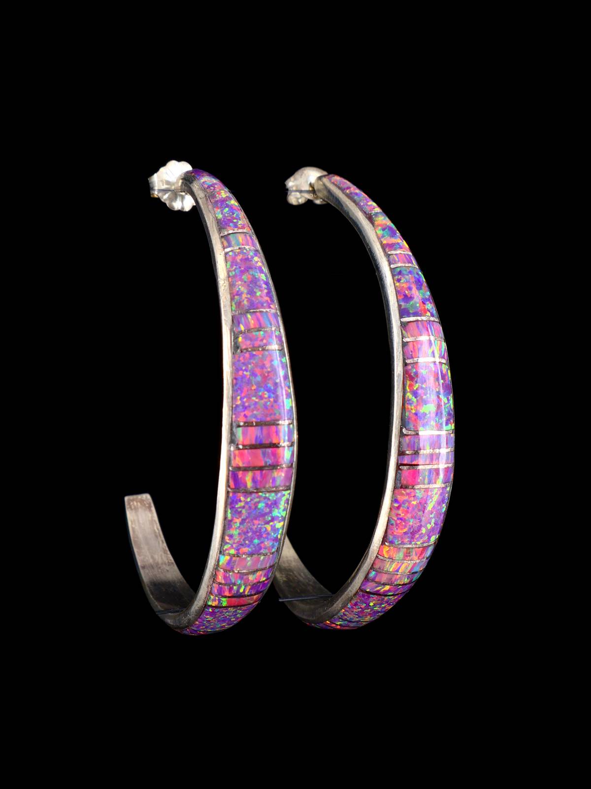Pink Opalite Zuni Inlay Half Hoop Post Earrings