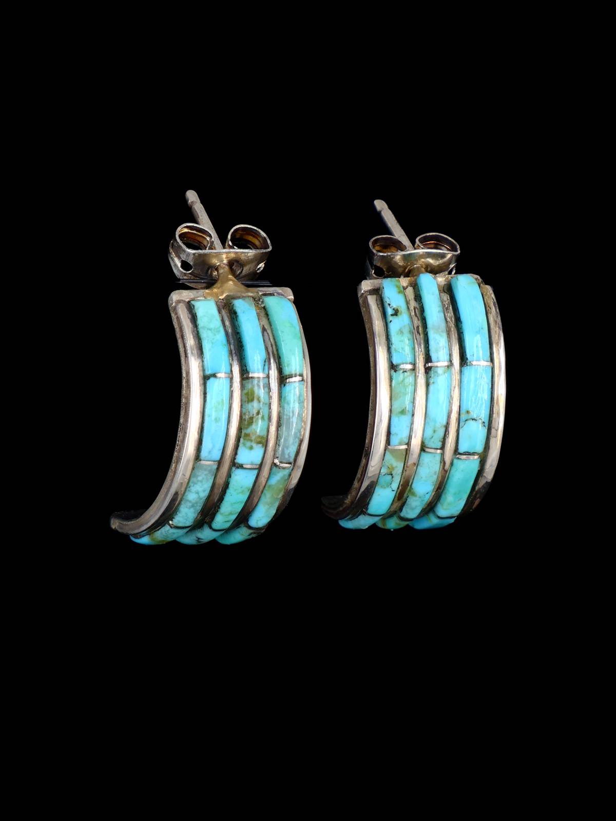 Turquoise Zuni Inlay Half Hoop Post Earrings