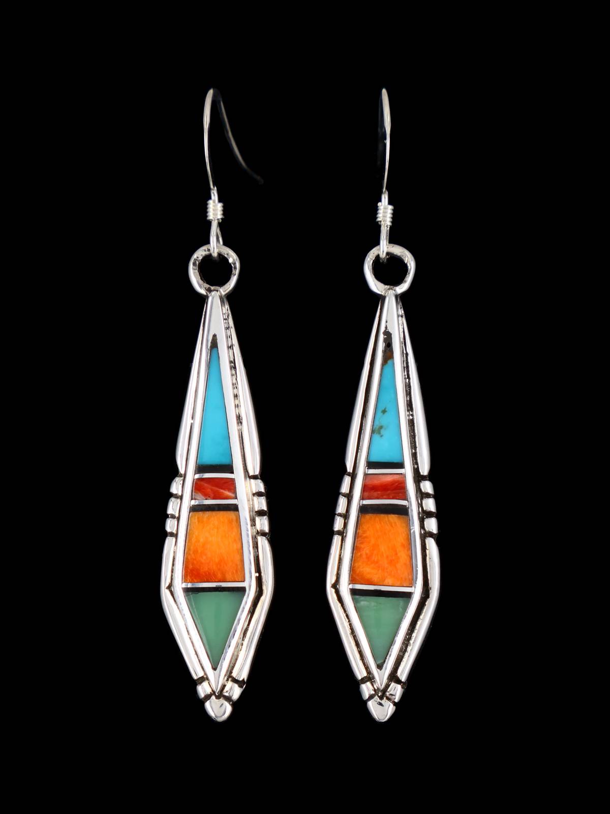 Navajo Spiny Oyster and Turquoise Mosaic Inlay Dangle Earrings