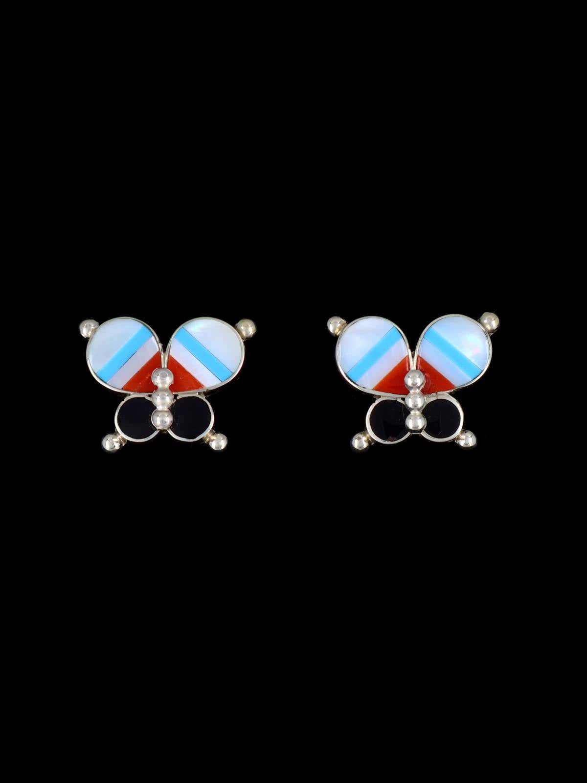 Mother of Pearl and Turquoise Inlay Butterfly Post Earrings - PuebloDirect.com