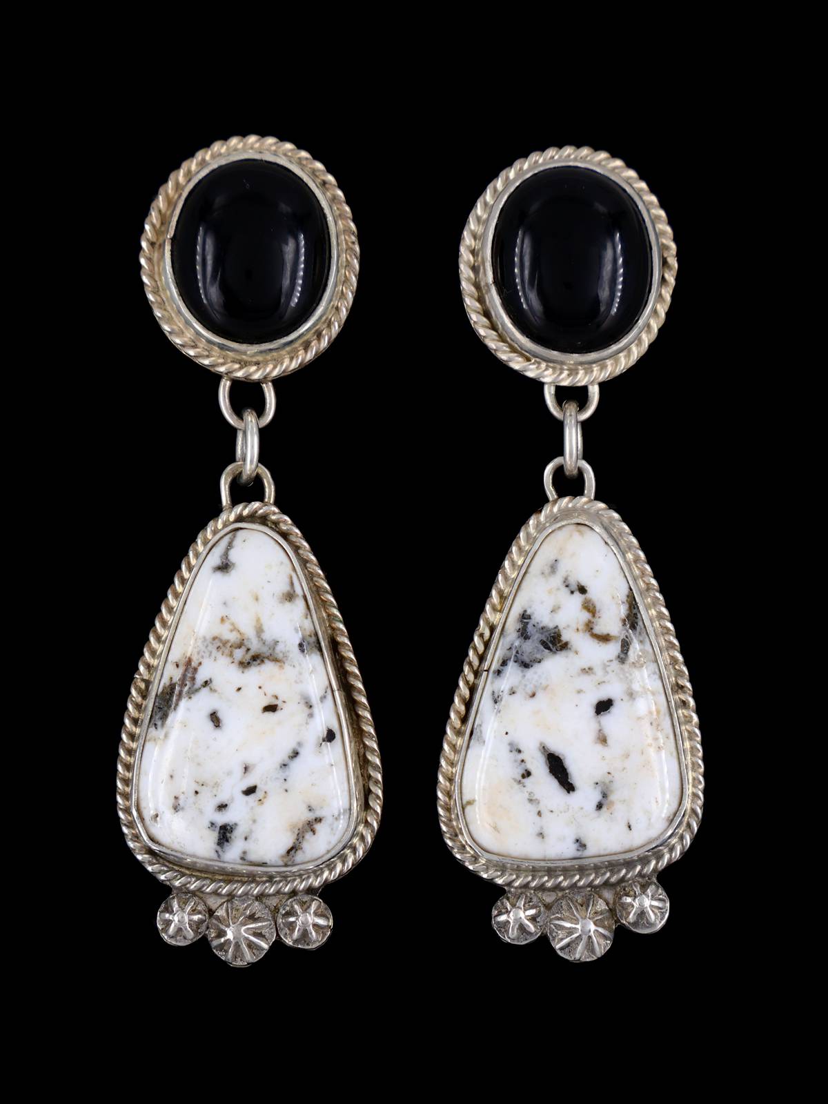Navajo White Buffalo and Onyx Sterling Silver Post Earrings