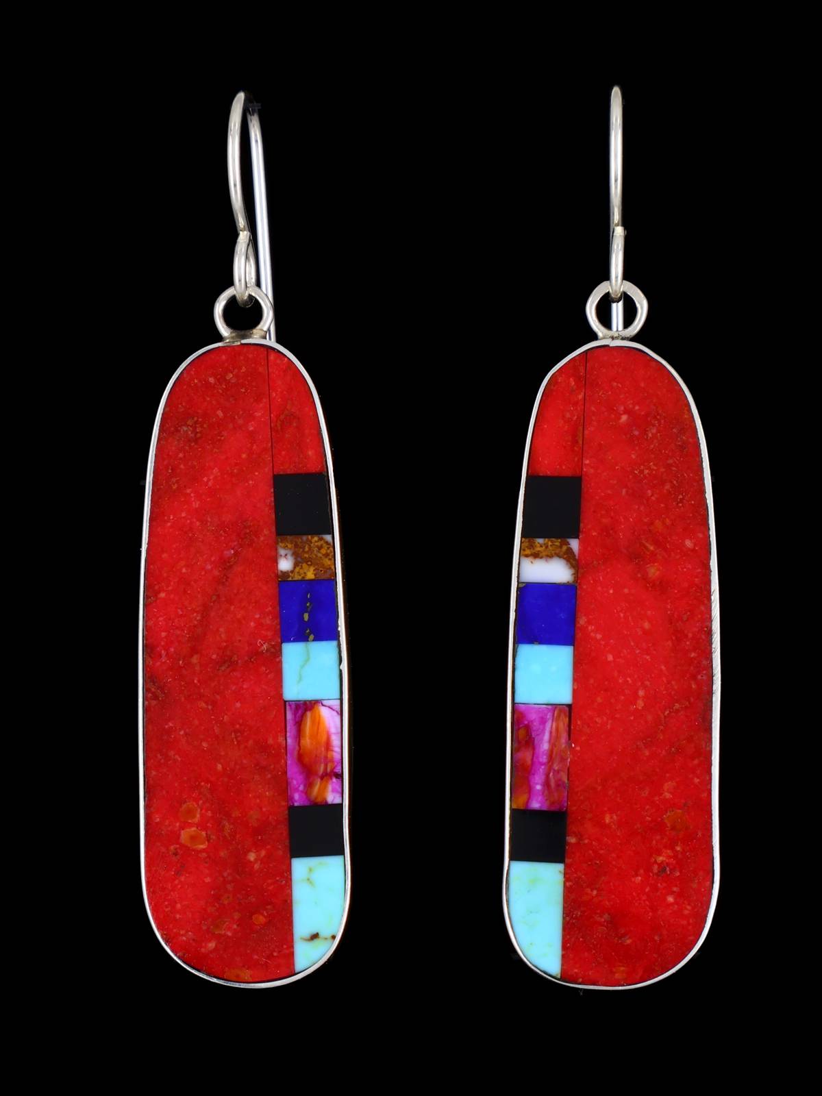 Boucles d'oreilles pendantes avec incrustation de mosaïque de corail pomme de Saint-Domingue