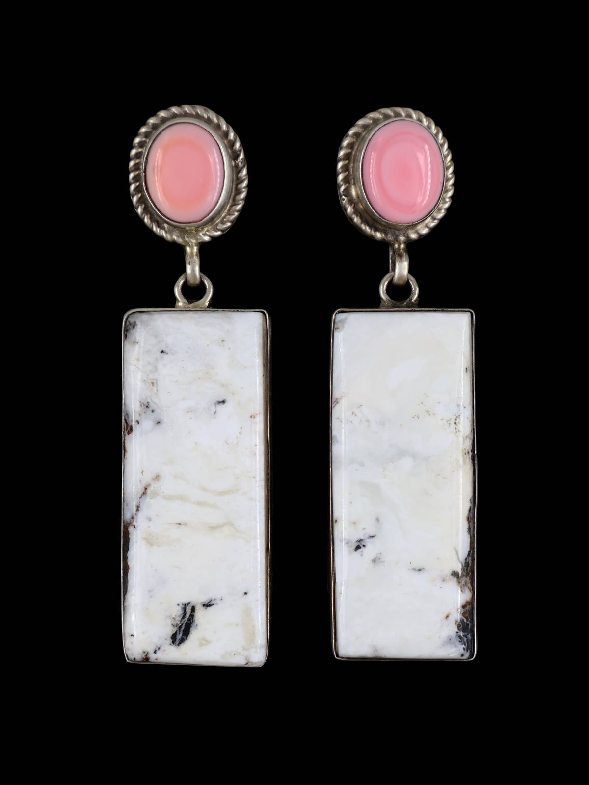 Navajo White Buffalo and Pink Conch Sterling Silver Post Earrings