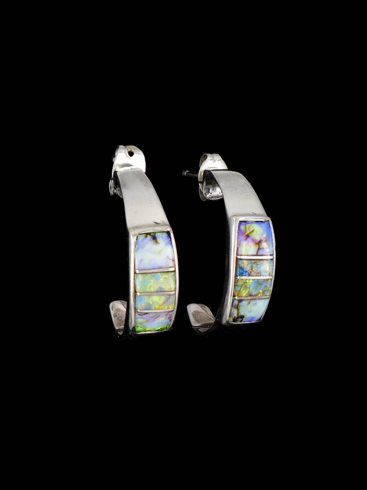 Navajo Spiderweb Opal Inlay Half Hoop Post Earrings