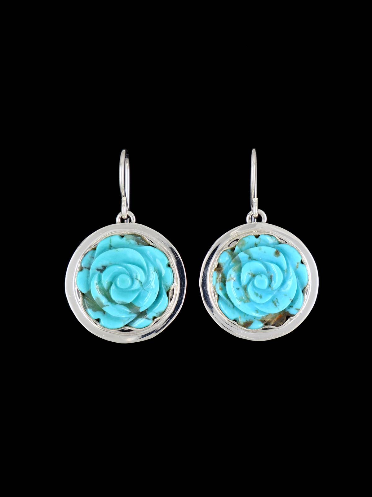 Native American Carved Turquoise Flower Dangle Earrings