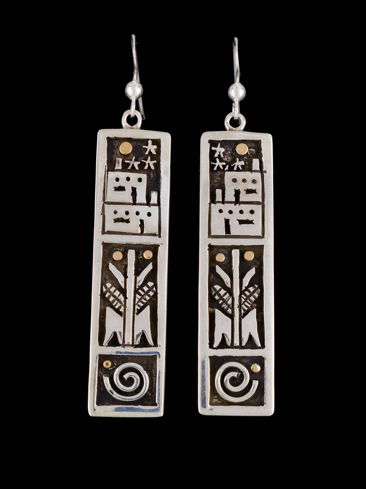 Sterling Silver Hopi Style Pueblo Overlay Dangle Earrings - PuebloDirect.com